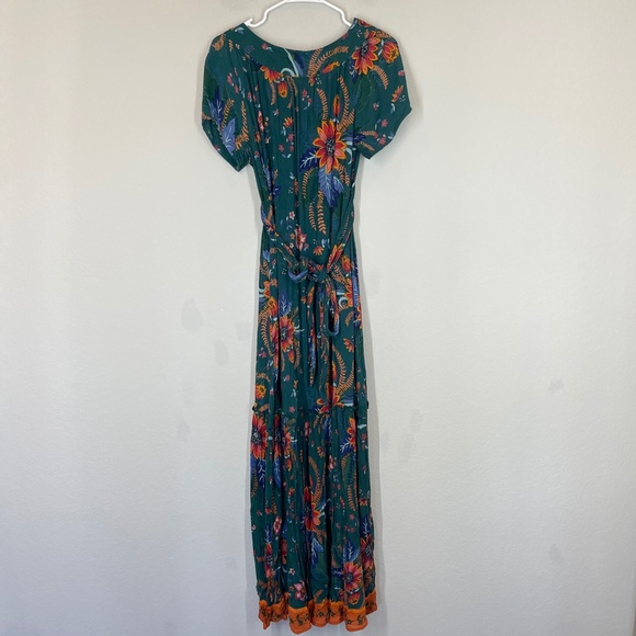 Patrons of Peace Maxi Dress Women's XS Floral Boho Short Sleeve with Belt Green - Picture 4 of 11